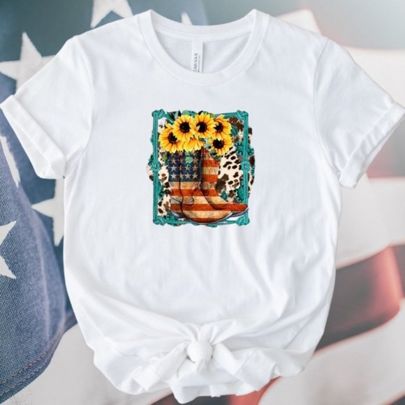 Trendy Red, White & Blue Sunflower & Cowboy Boots T-shirt - Picture 1 of 2